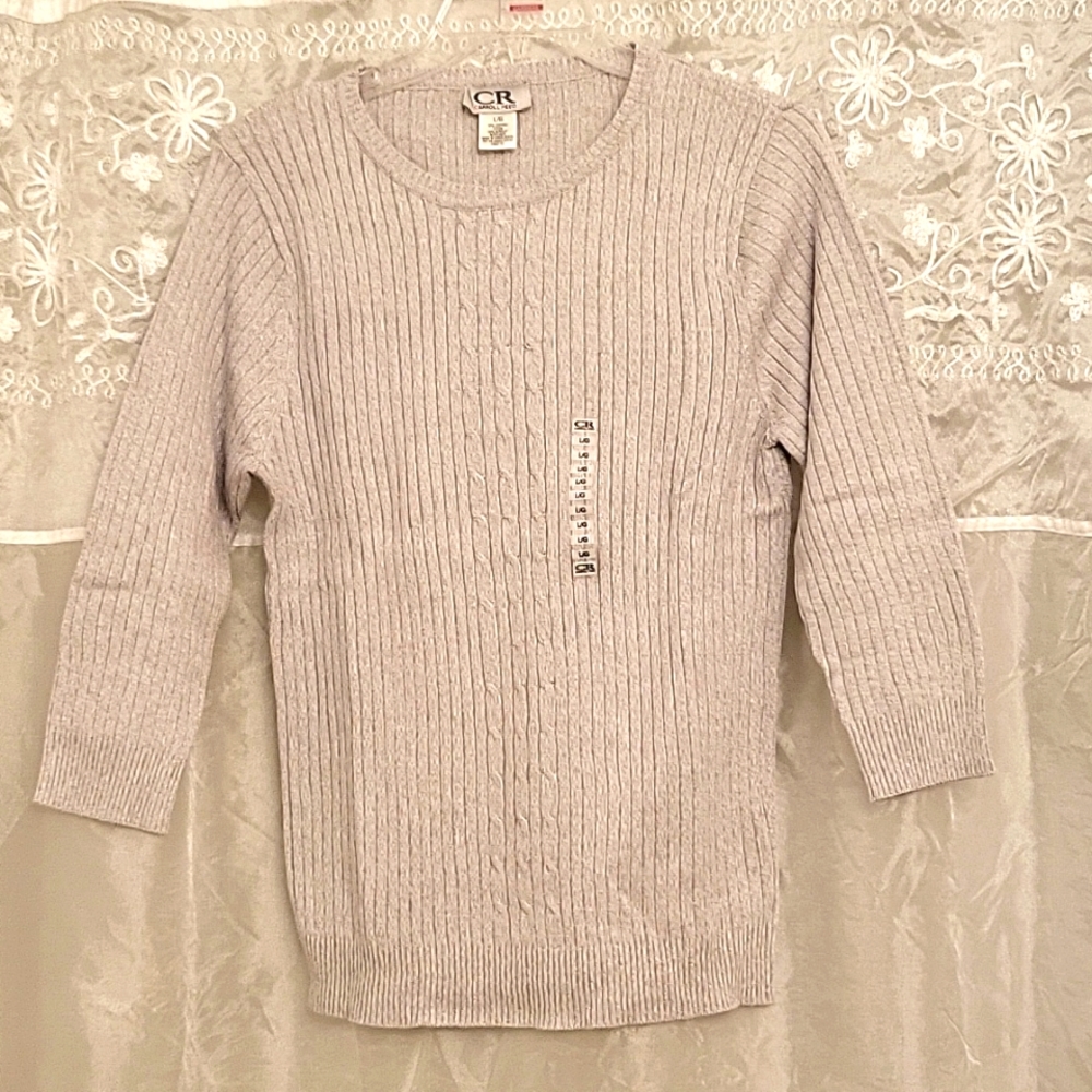 NEW Carroll Reed Dove Grey Ribbed Sweater, Cable-Knit Detail, L